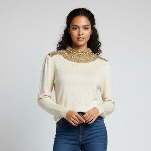 Miréne Beaded & Faux Pearl Cream Knit Sweater Size Large